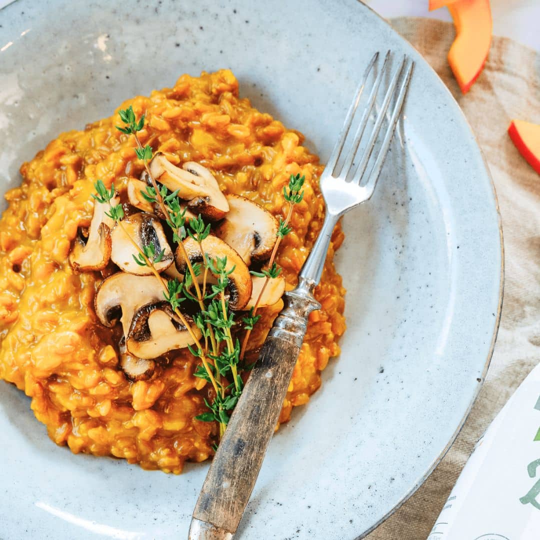 Kürbis Rezept mit Dinkel und Pilzen