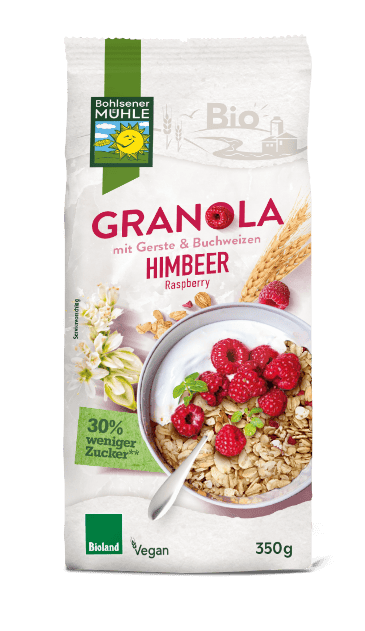 Das Granola mit Himbeeren ist ein gebackenes Müsli | Bohlsener Mühle