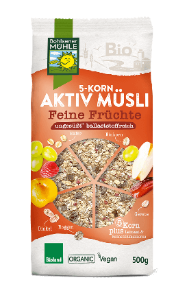 5-Korn Aktiv Müsli, 500g ungesüßt mit getrockneten Früchten in Bio-Qualität